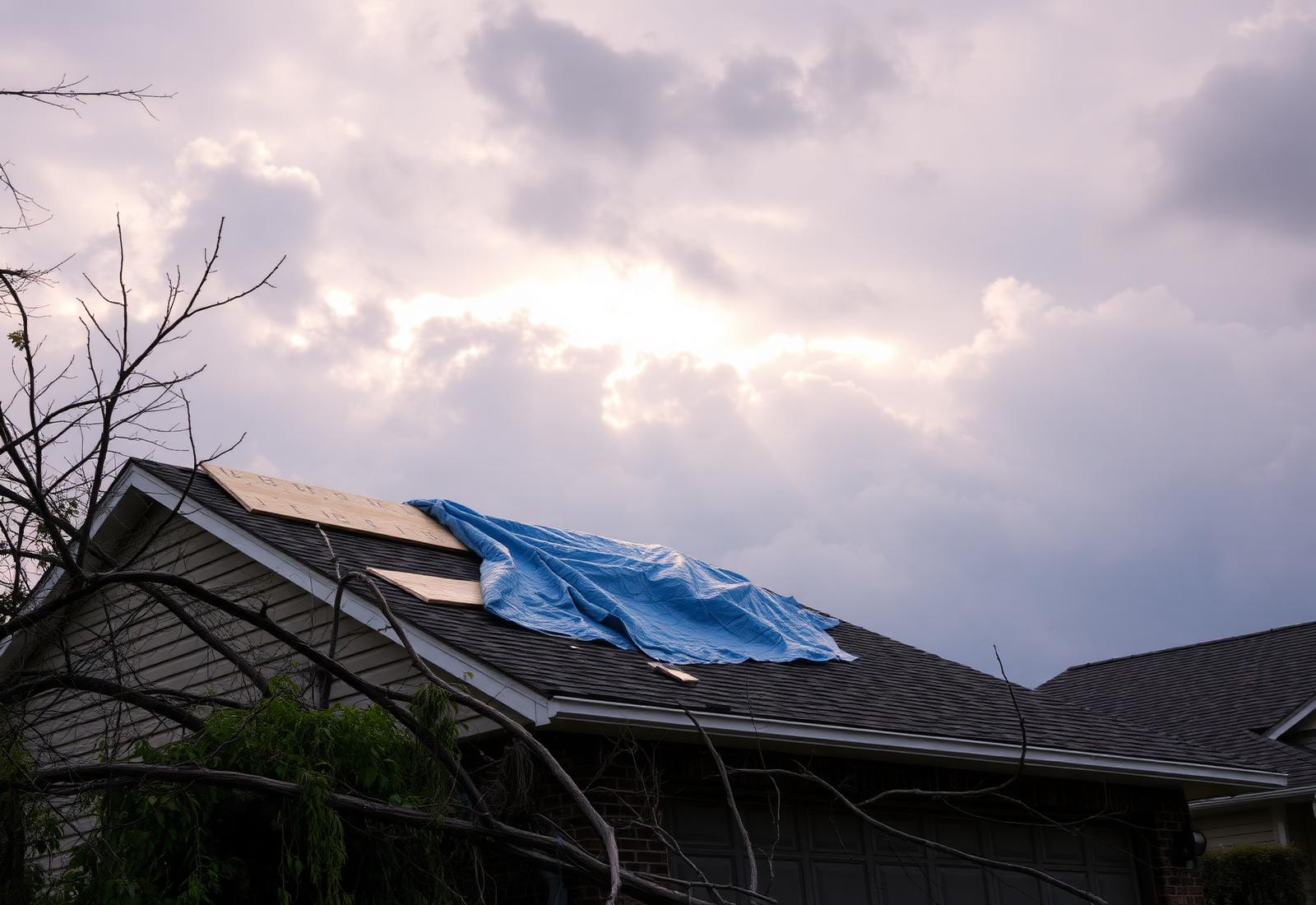 Storm-damaged home with tarp covering roof